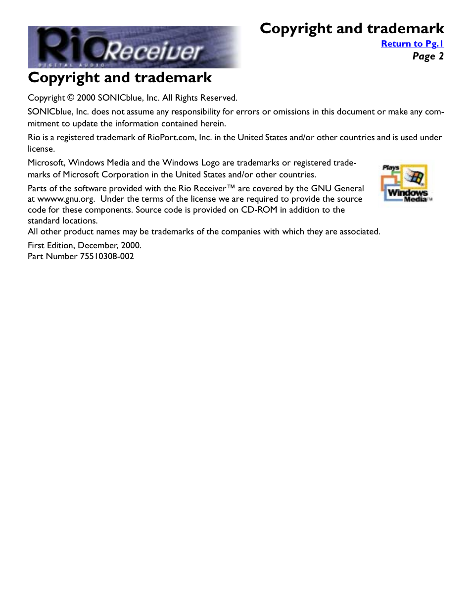 Copyright and trademark | Rio Audio Digital Audio Receiver User Manual | Page 2 / 18