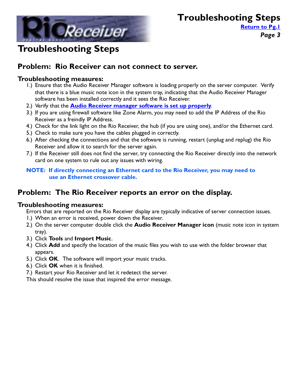 Troubleshooting steps, Problem: rio receiver can not connect to server, Troubleshooting measures | Troubleshooting | Rio Audio Digital Audio Receiver User Manual | Page 3 / 18