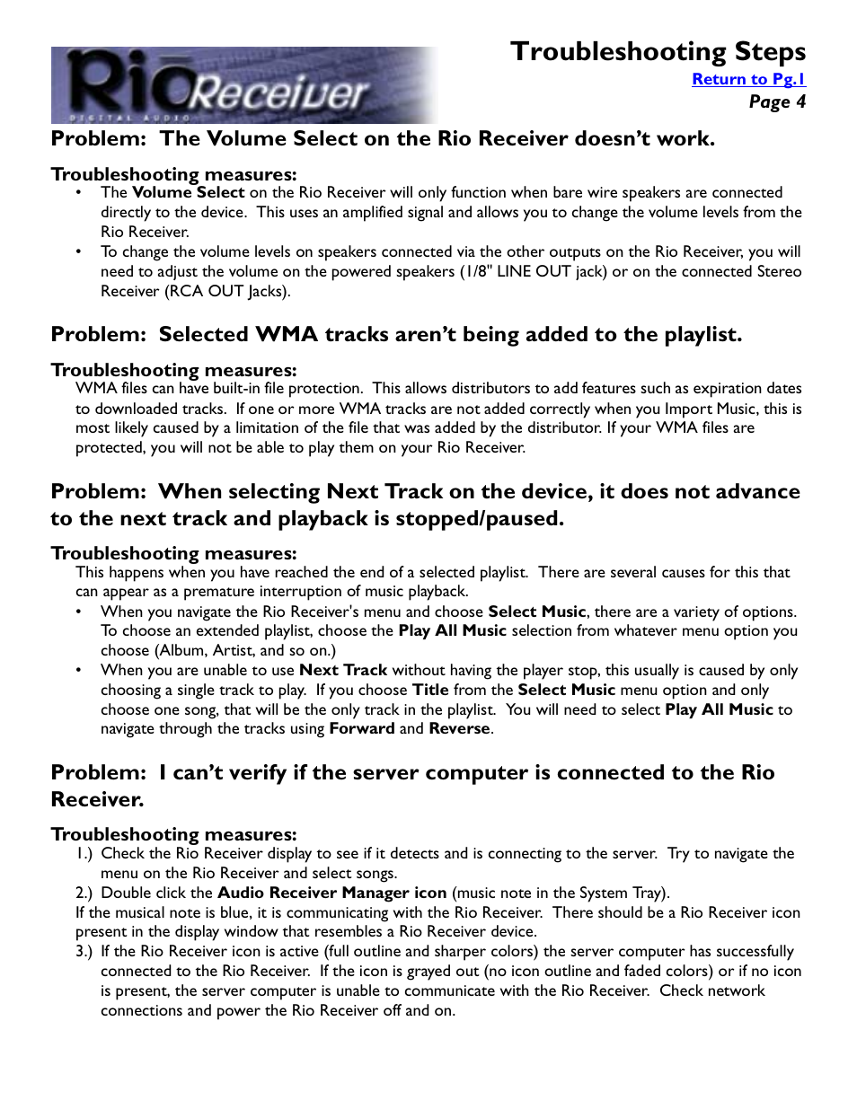 Troubleshooting measures, Troubleshooting steps | Rio Audio Digital Audio Receiver User Manual | Page 4 / 18