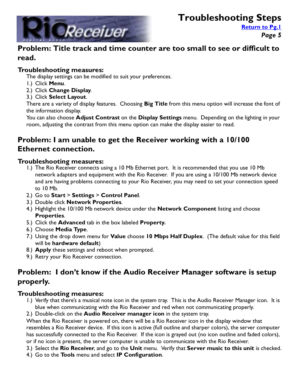 Troubleshooting measures, Troubleshooting steps | Rio Audio Digital Audio Receiver User Manual | Page 5 / 18