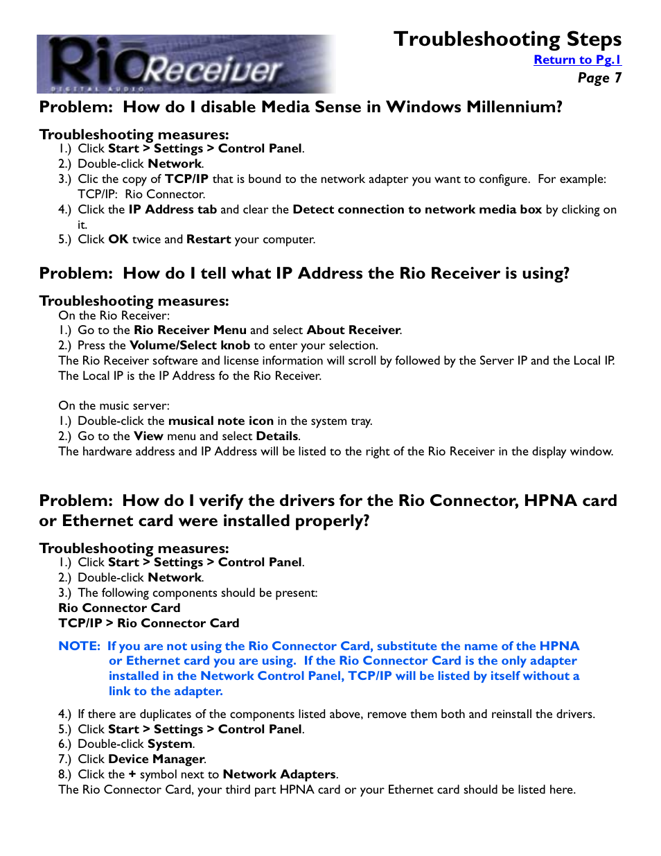 Troubleshooting measures, Media sense, Drivers | Troubleshooting steps | Rio Audio Digital Audio Receiver User Manual | Page 7 / 18
