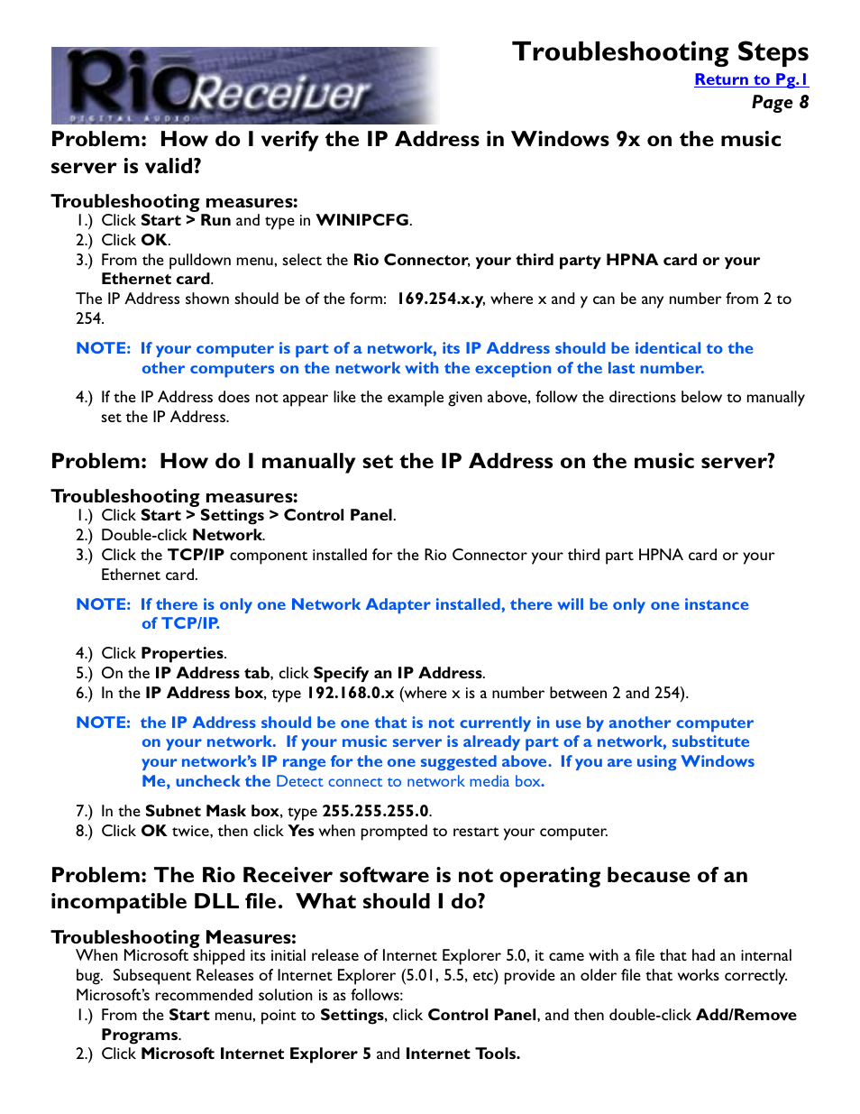 Troubleshooting measures, Ip address, Troubleshooting steps | Rio Audio Digital Audio Receiver User Manual | Page 8 / 18