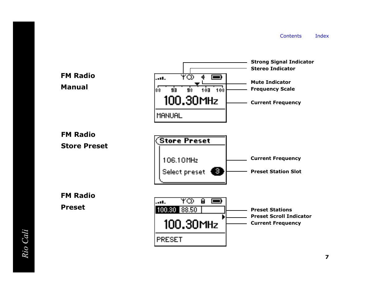 Fm radio, Store preset, Manual | Preset, Rio cali | Rio Audio Cali User Manual | Page 11 / 59