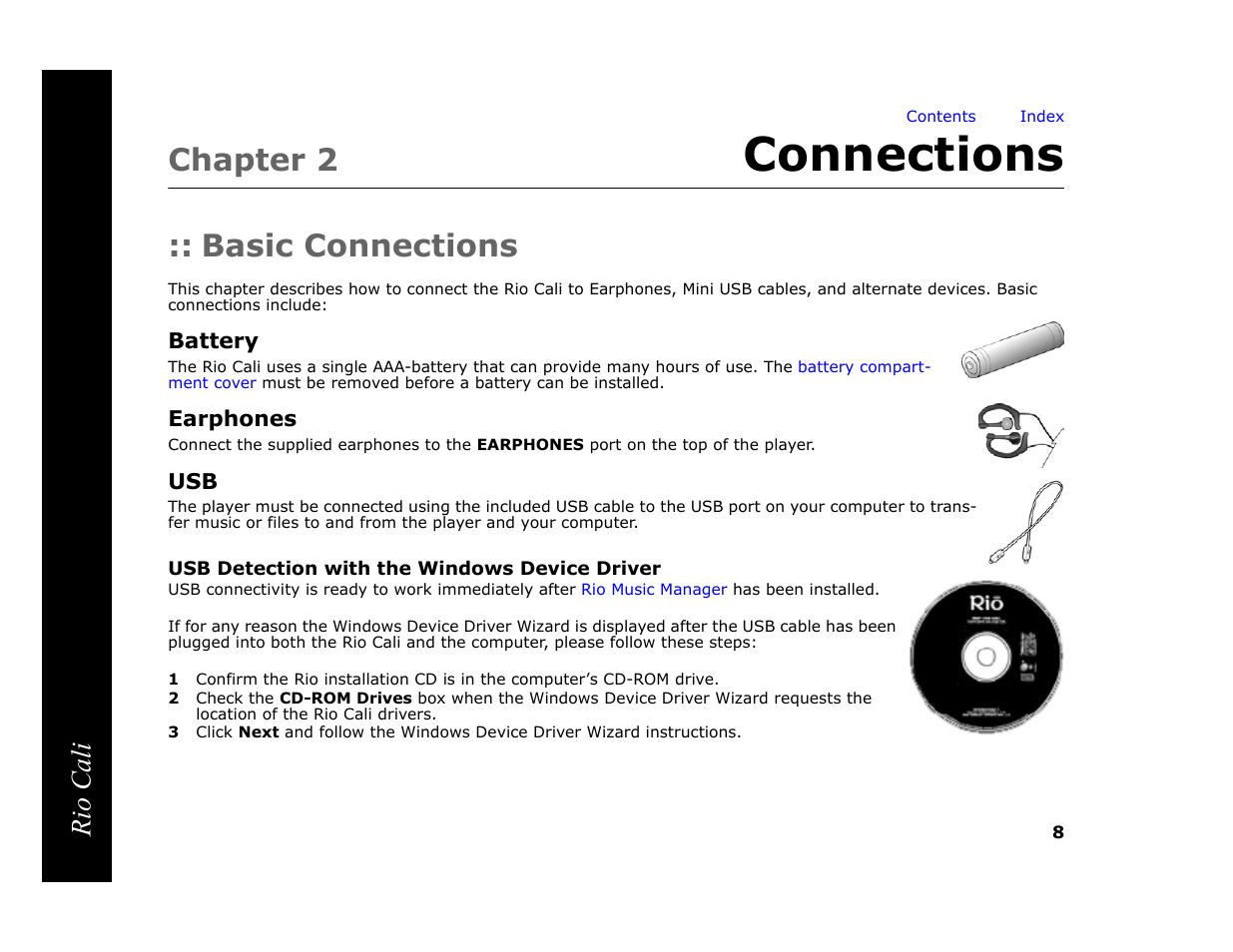 Chapter 2 connections, Basic connections, Battery | Earphones, Usb detection with the windows device driver, Connections, 2 - connections, Chapter 2, Rio cali | Rio Audio Cali User Manual | Page 12 / 59