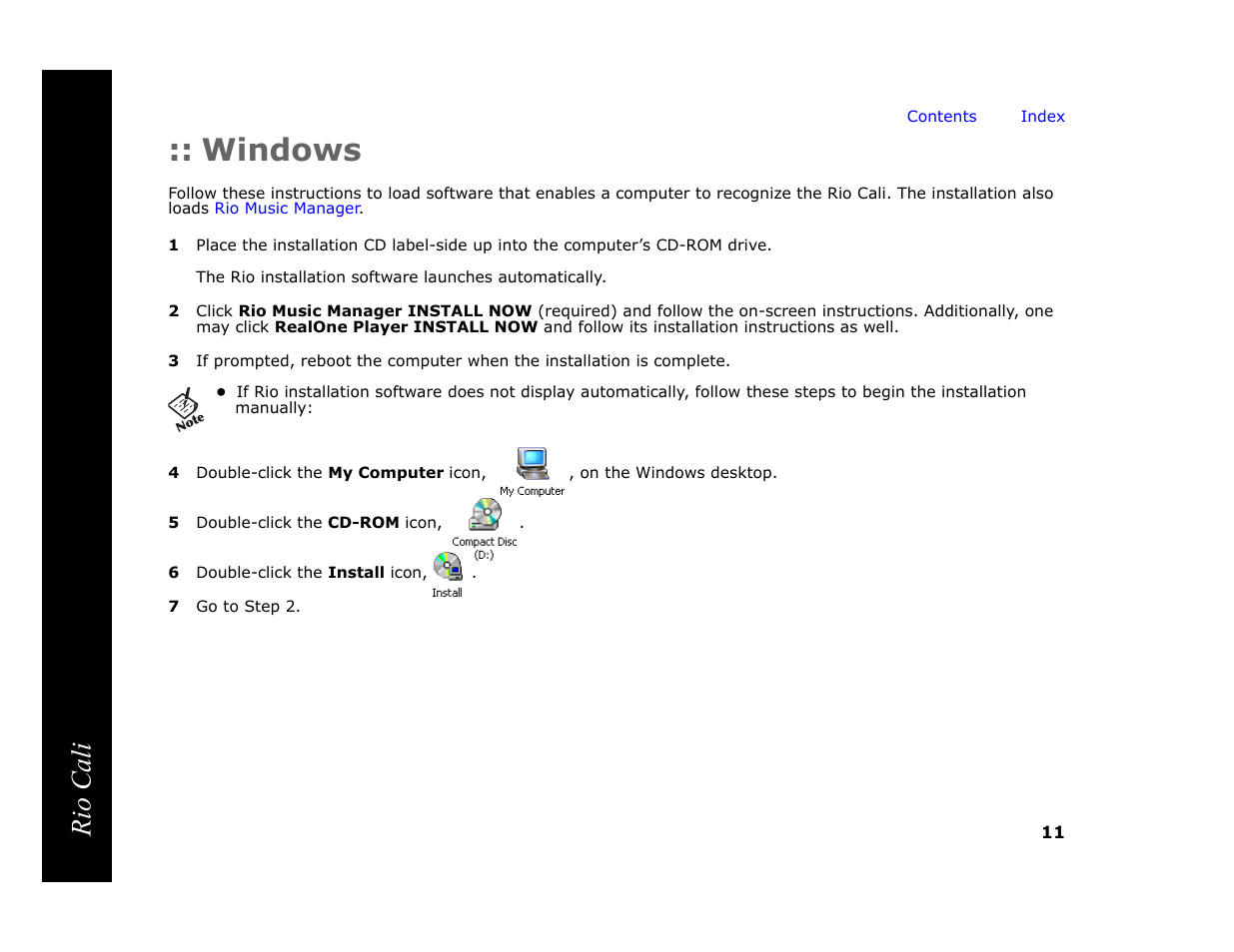 Windows, 5 double-click the cd-rom icon, 6 double-click the install icon | 7 go to step 2, Rio cali | Rio Audio Cali User Manual | Page 15 / 59