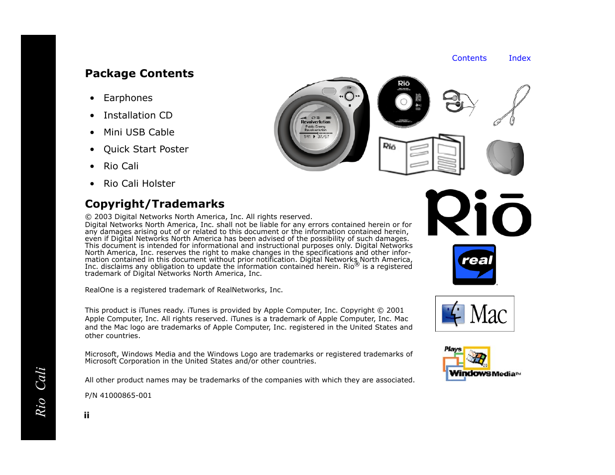 Package contents, Copyright/trademarks, Rio cali | Package contents copyright/trademarks | Rio Audio Cali User Manual | Page 2 / 59