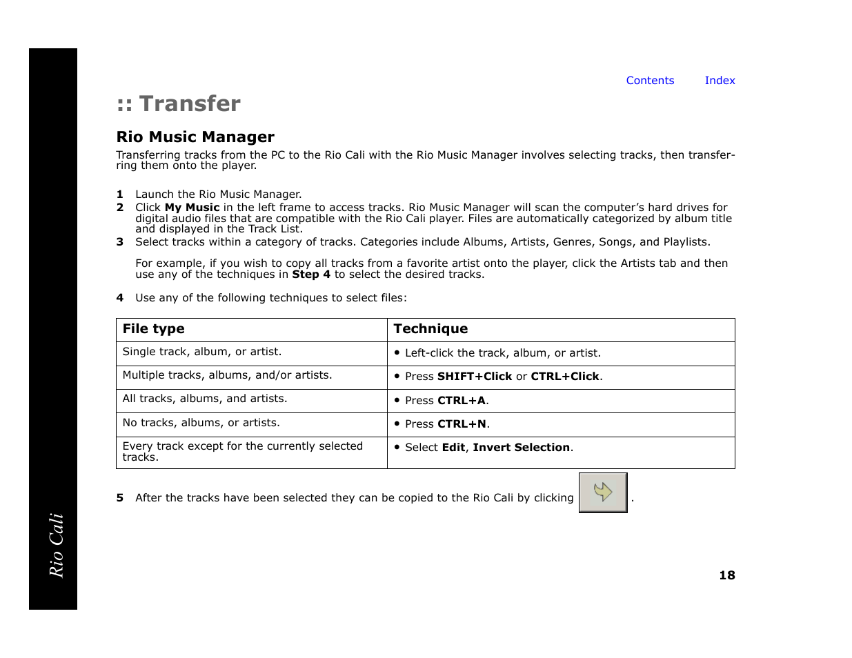 Transfer, Rio music manager, 1 launch the rio music manager | Rio cali | Rio Audio Cali User Manual | Page 22 / 59