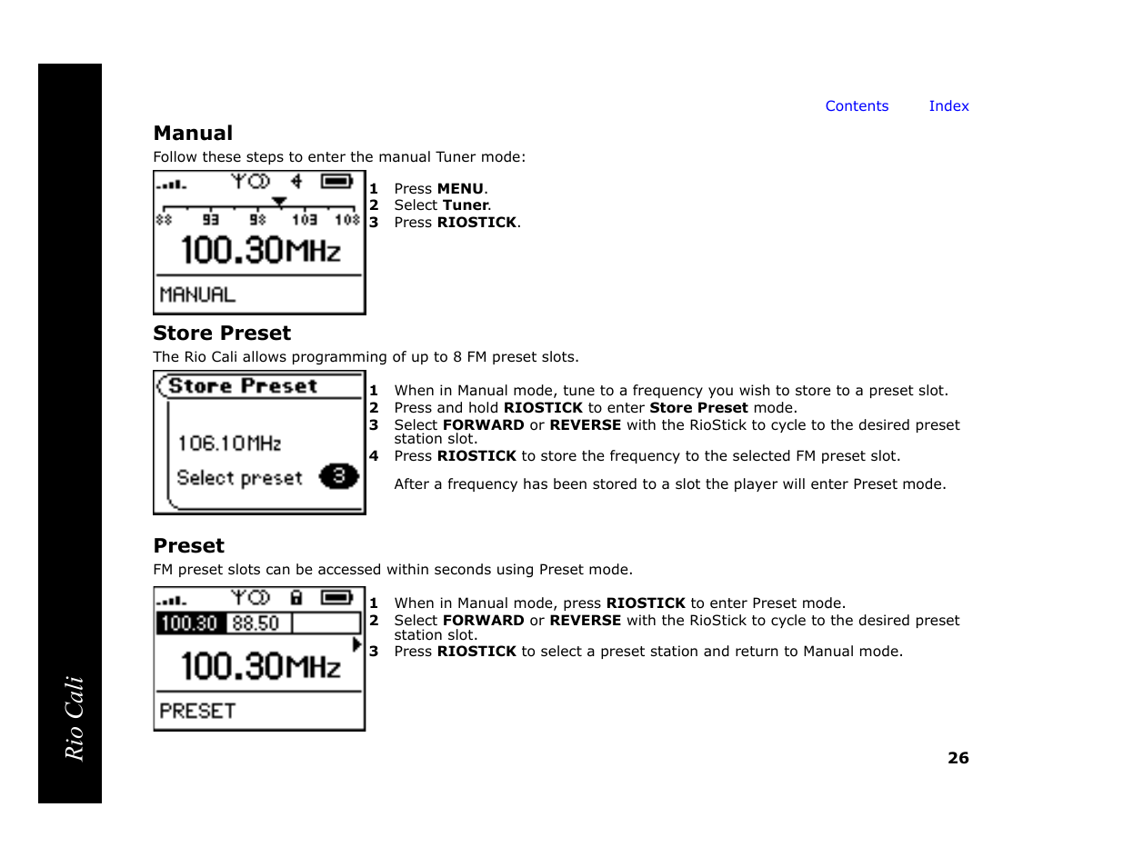 Manual, 1 press menu, 2 select tuner | 3 press riostick, Store preset, Preset, Manual preset store preset, Enter, Mode, Rio cali | Rio Audio Cali User Manual | Page 30 / 59