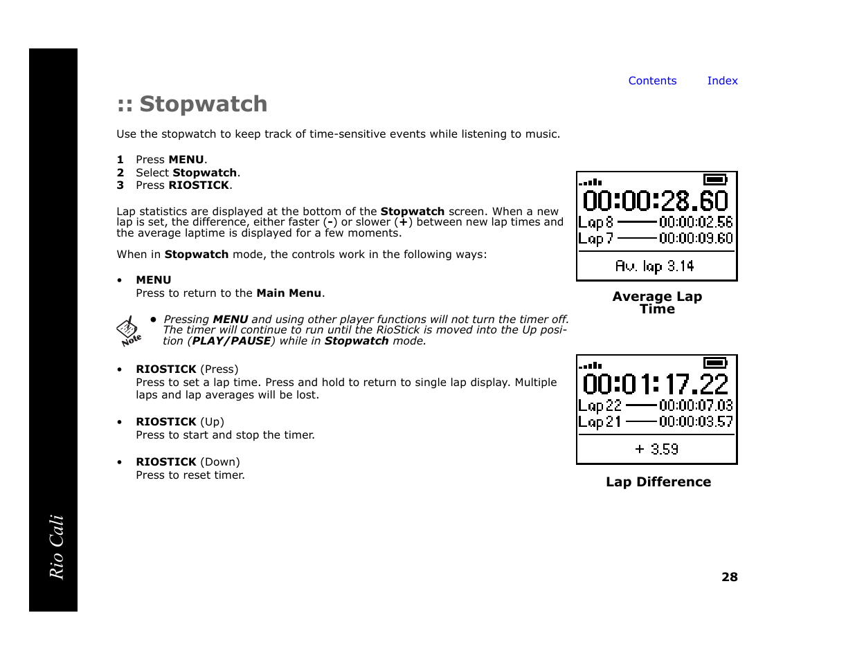 Stopwatch, 1 press menu, 2 select stopwatch | 3 press riostick, Rio cali | Rio Audio Cali User Manual | Page 32 / 59