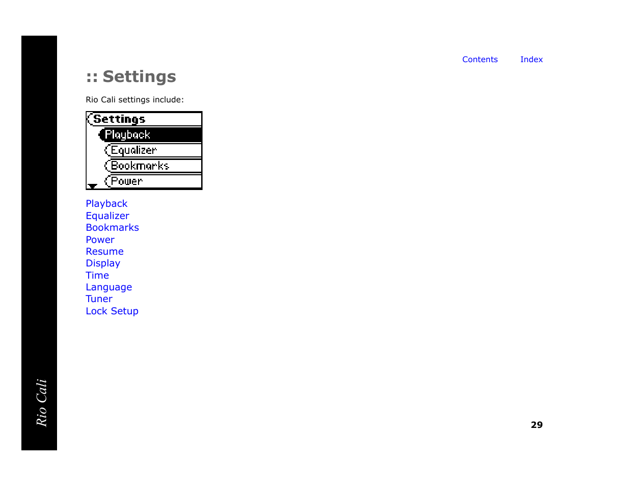 Settings, Rio cali | Rio Audio Cali User Manual | Page 33 / 59