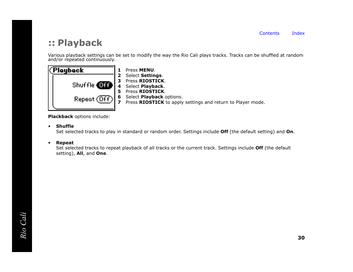 Playback, 1 press menu, 2 select settings | 3 press riostick, 4 select playback, 5 press riostick, 6 select playback options, Rio cali | Rio Audio Cali User Manual | Page 34 / 59