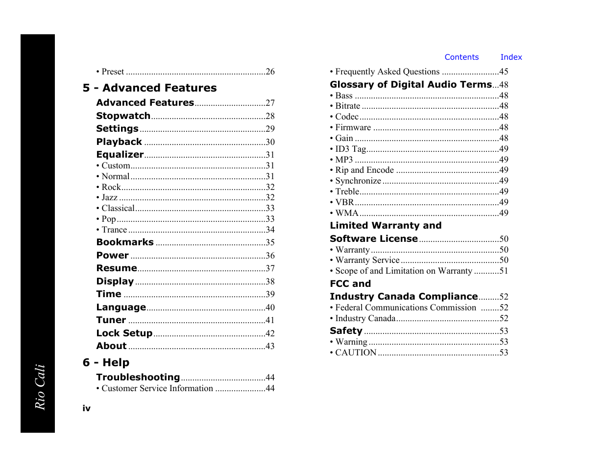 5 - advanced features, 6 - help, Rio cali | Rio Audio Cali User Manual | Page 4 / 59