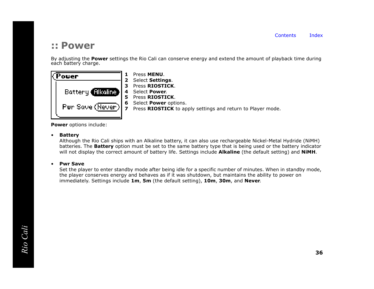 Power, 1 press menu, 2 select settings | 3 press riostick, 4 select power, 5 press riostick, 6 select power options, Rio cali | Rio Audio Cali User Manual | Page 40 / 59