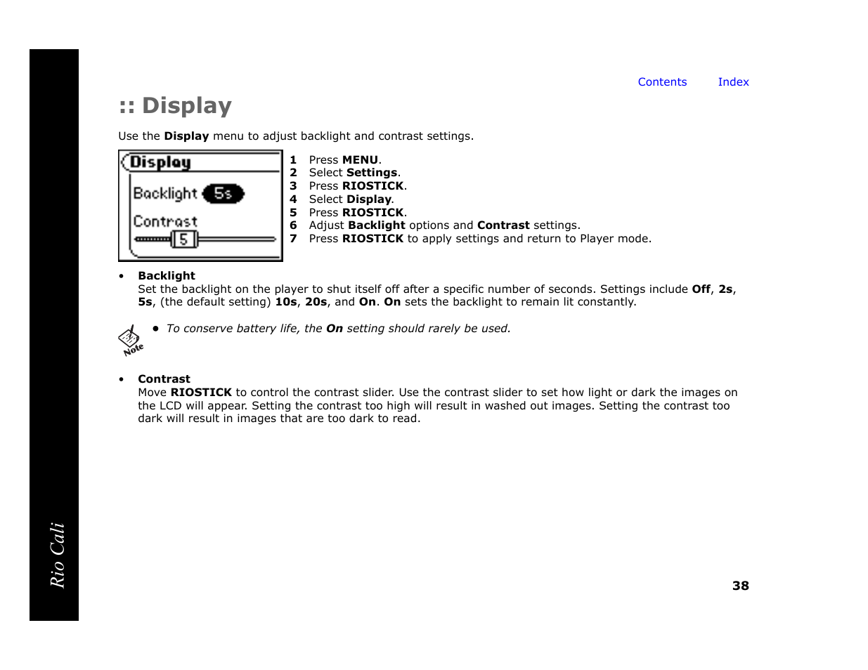 Display, 1 press menu, 2 select settings | 3 press riostick, 4 select display, 5 press riostick, 6 adjust backlight options and contrast settings, Rio cali | Rio Audio Cali User Manual | Page 42 / 59