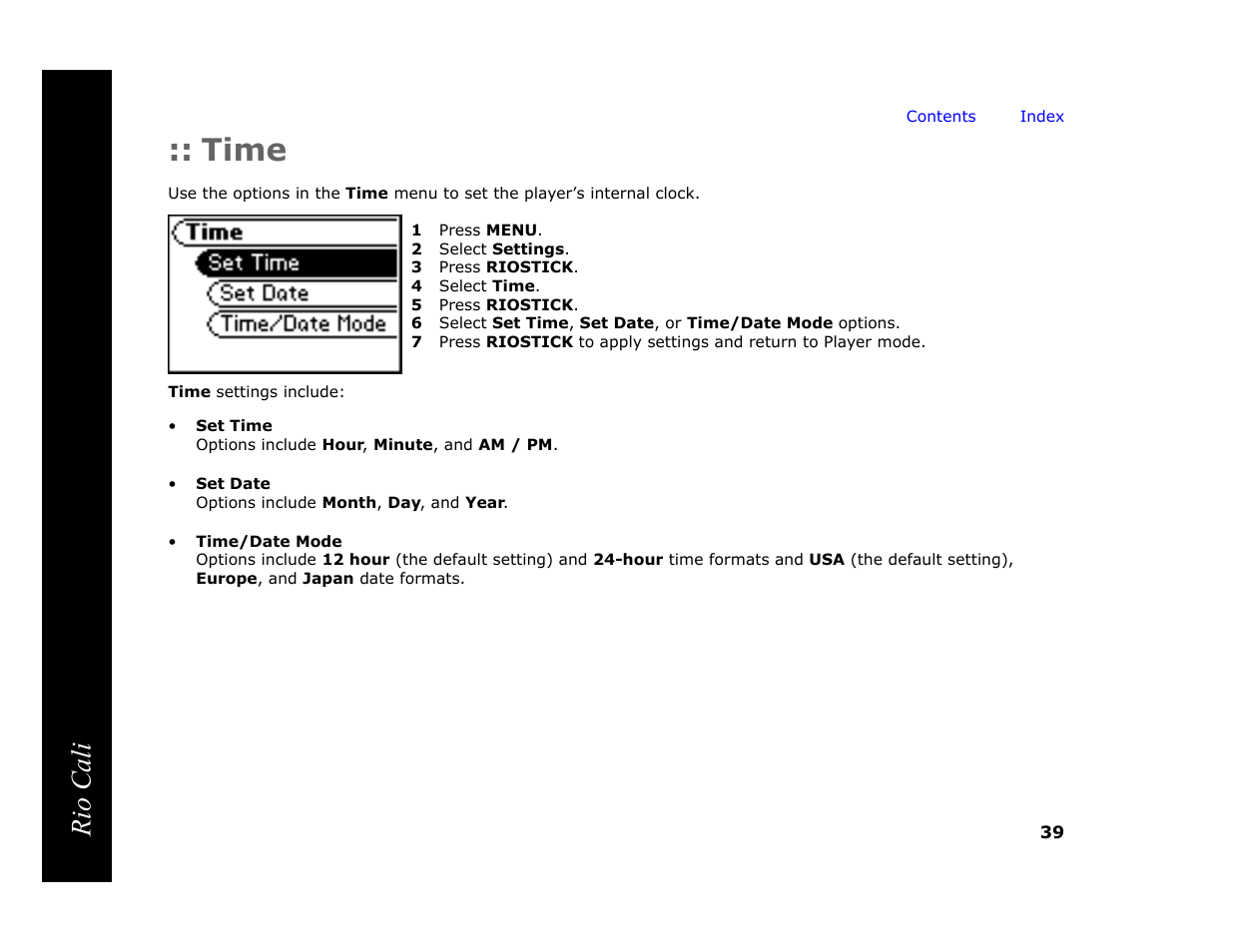 Time, 1 press menu, 2 select settings | 3 press riostick, 4 select time, 5 press riostick, Rio cali | Rio Audio Cali User Manual | Page 43 / 59