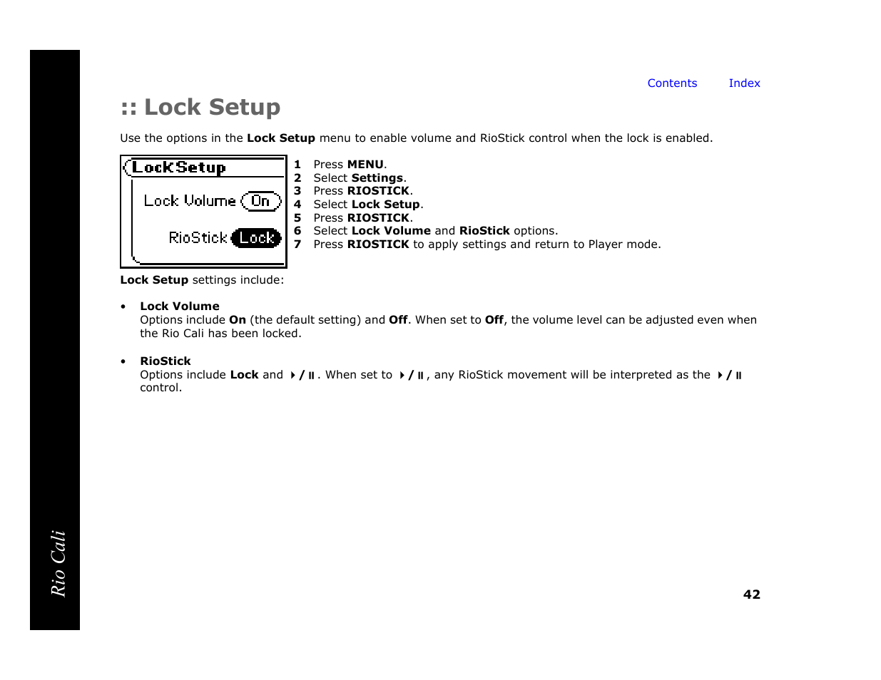 Lock setup, 1 press menu, 2 select settings | 3 press riostick, 4 select lock setup, 5 press riostick, 6 select lock volume and riostick options, Rio cali | Rio Audio Cali User Manual | Page 46 / 59