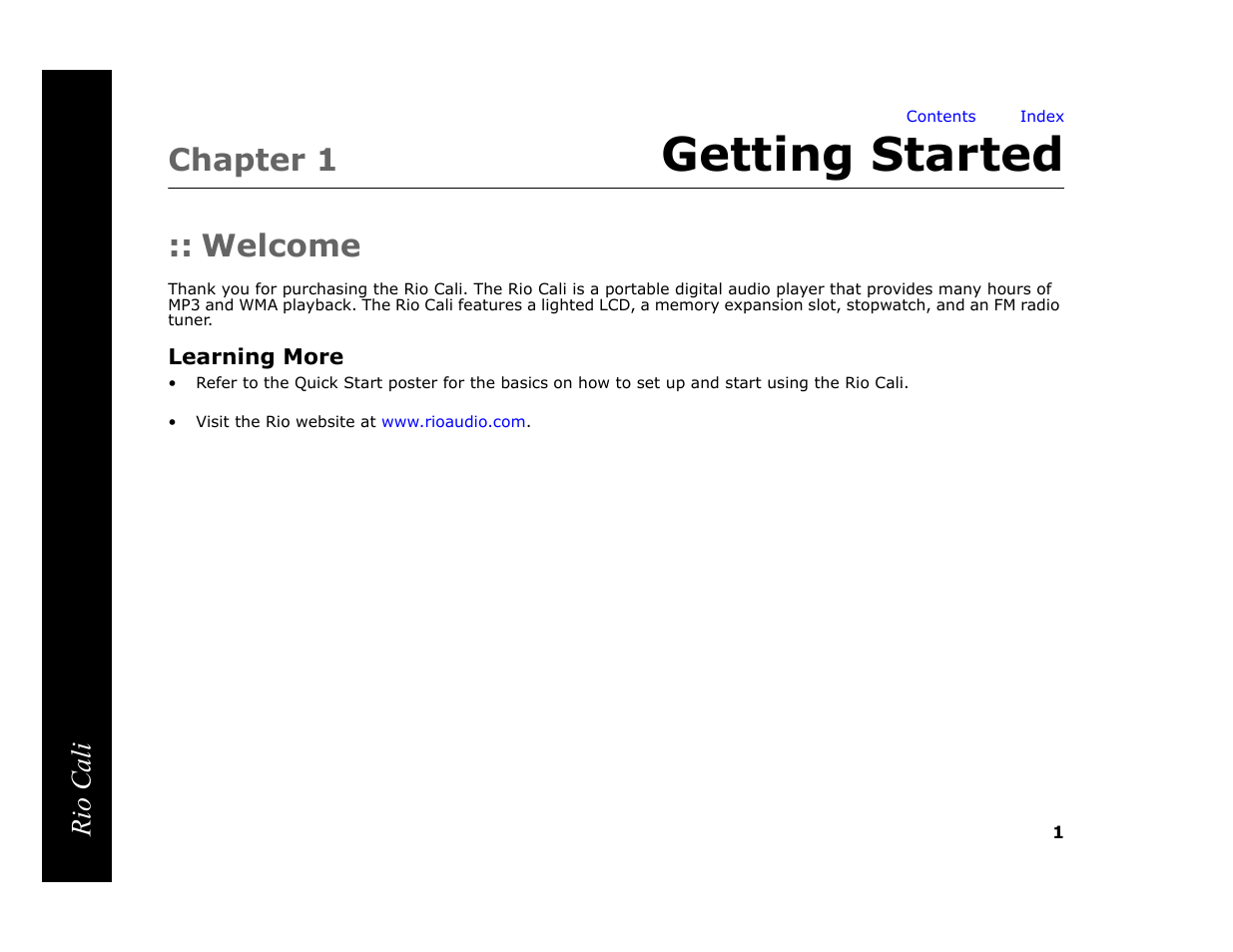 Chapter 1 getting started, Welcome, Learning more | Getting started, 1 - getting started, Chapter 1, Rio cali | Rio Audio Cali User Manual | Page 5 / 59
