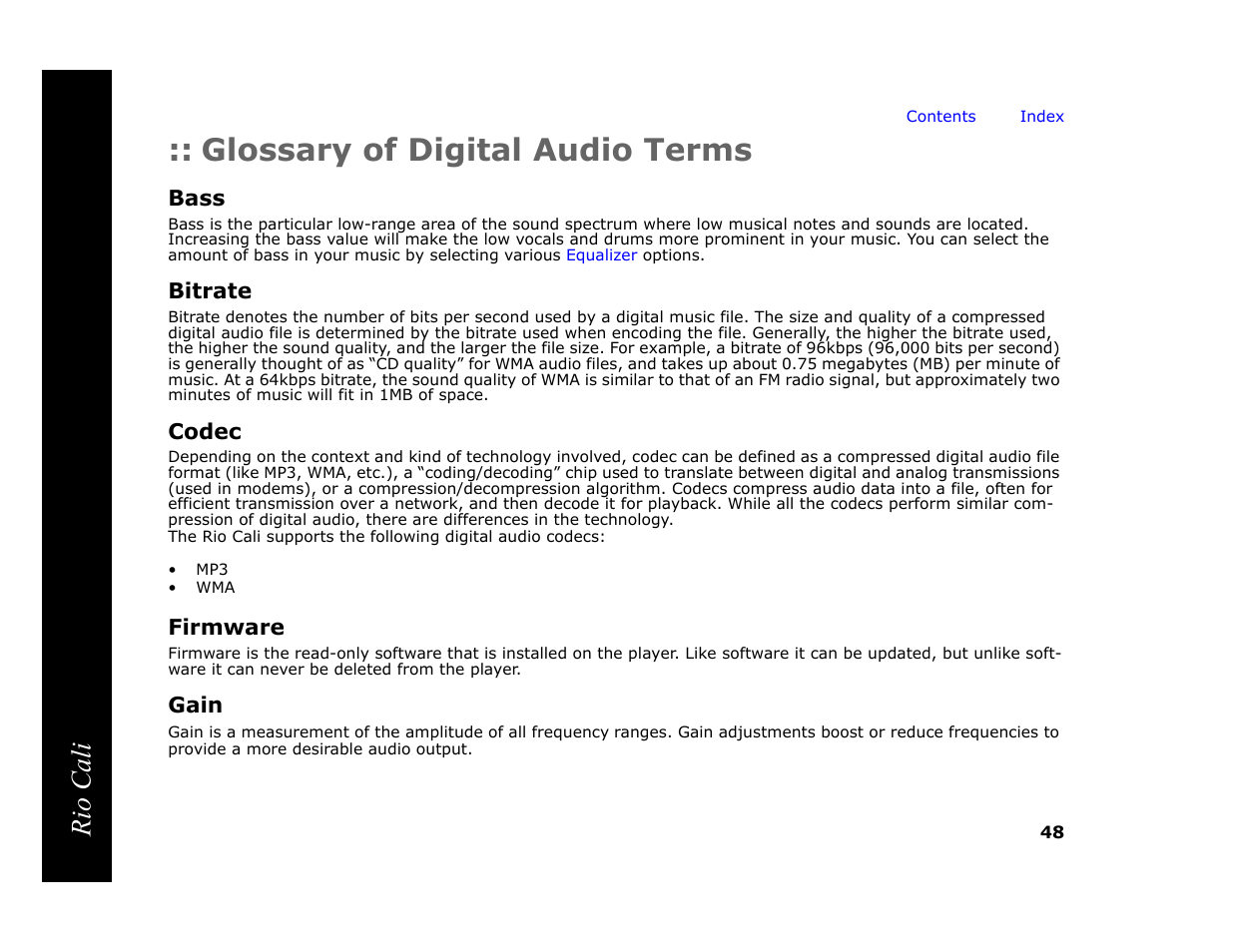 Glossary of digital audio terms, Bass, Bitrate | Codec, Firmware, Gain, Rio cali | Rio Audio Cali User Manual | Page 52 / 59