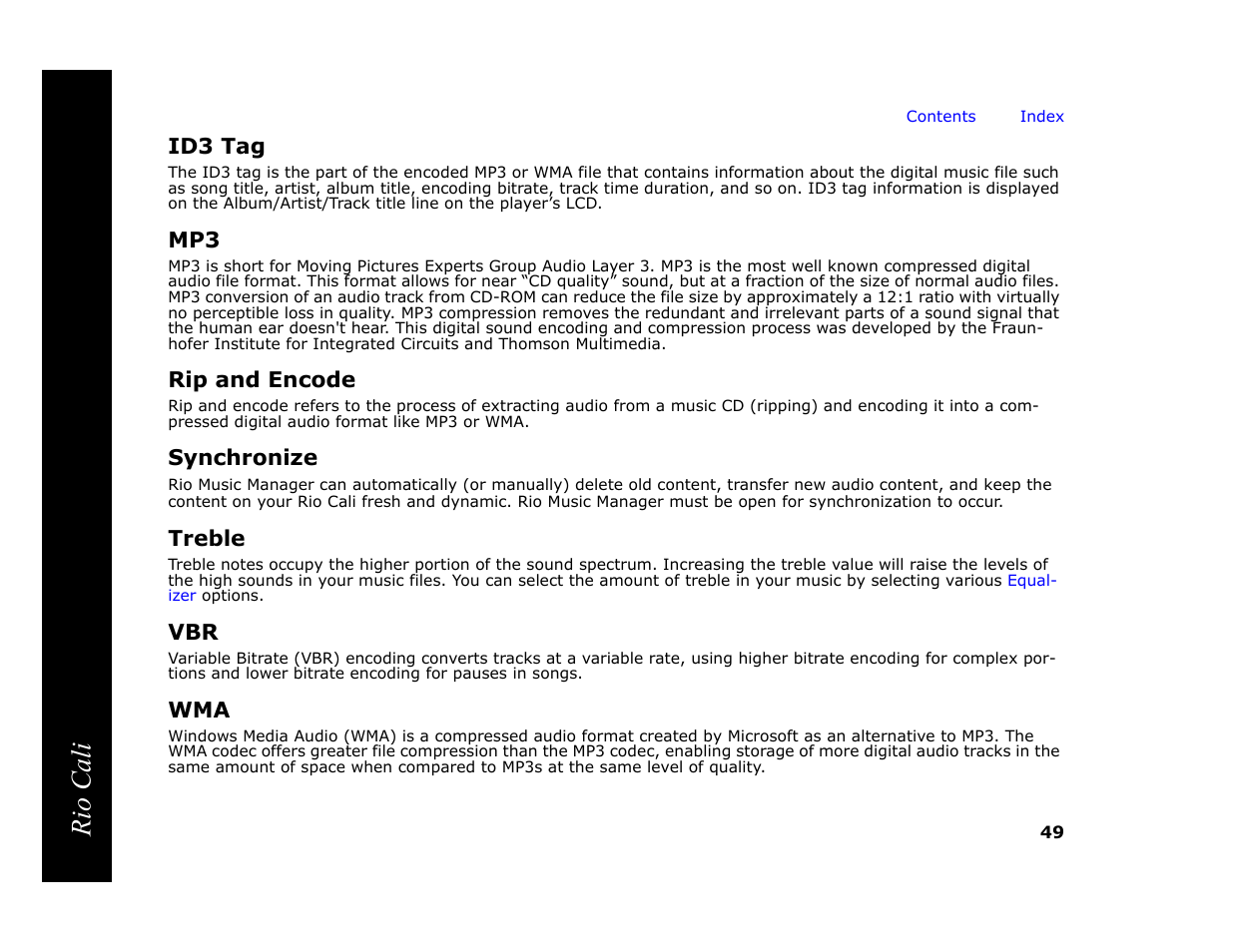 Id3 tag, Rip and encode, Synchronize | Treble, Ally, Rio cali | Rio Audio Cali User Manual | Page 53 / 59