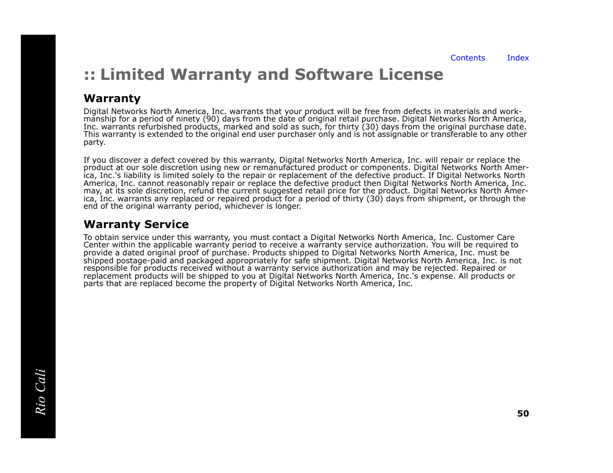 Limited warranty and software license, Warranty, Warranty service | Limited warranty and, Rio cali | Rio Audio Cali User Manual | Page 54 / 59
