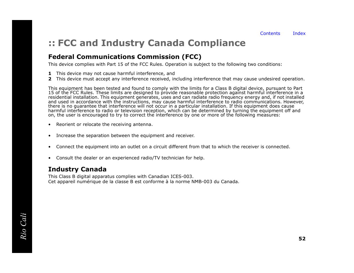 Fcc and industry canada compliance, Federal communications commission (fcc), Industry canada | Fcc and, Federal communications commission, Rio cali | Rio Audio Cali User Manual | Page 56 / 59