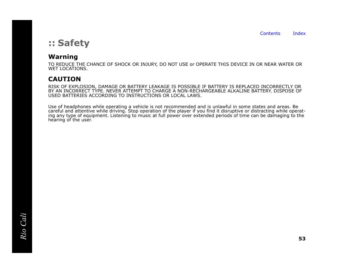 Safety, Warning, Caution | Rio cali | Rio Audio Cali User Manual | Page 57 / 59