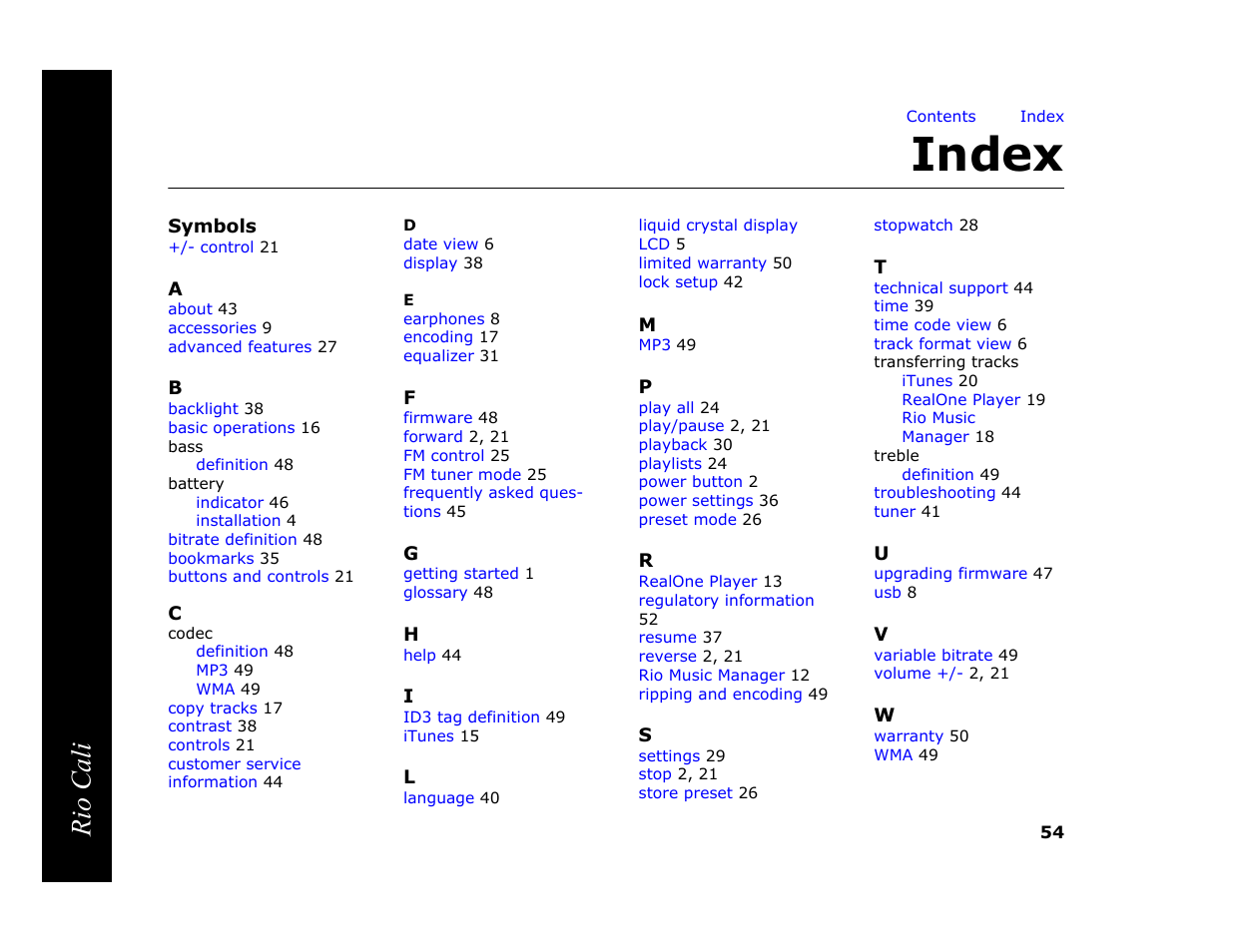 Index, Symbols, Rio cali | Rio Audio Cali User Manual | Page 58 / 59