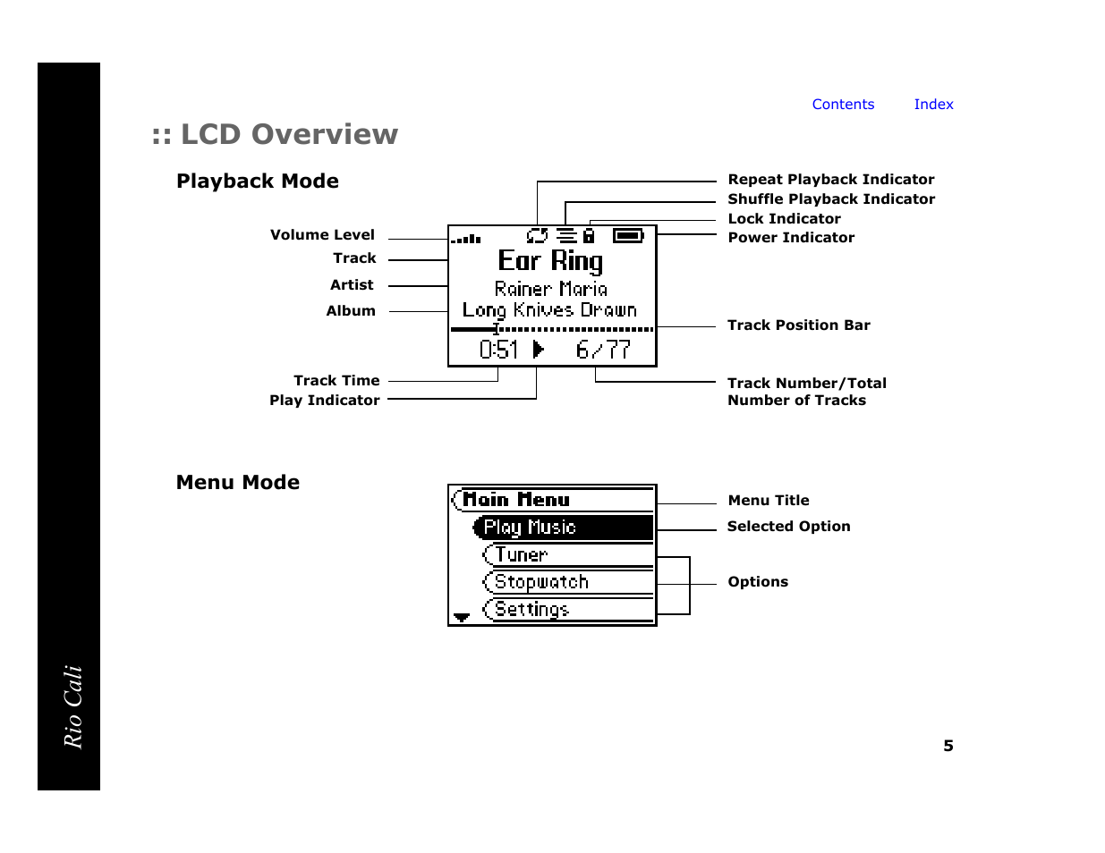 Lcd overview, Playback mode, Menu mode | Rio cali | Rio Audio Cali User Manual | Page 9 / 59