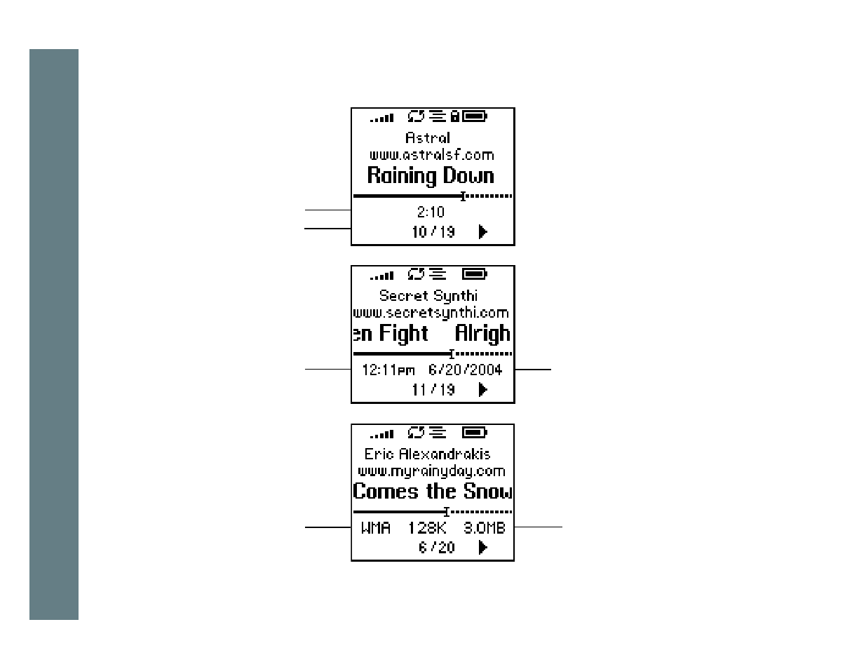 Date view, Time code view, Track format view | Play screens, Track, Format view, Rio se510 | Rio Audio SE510 User Manual | Page 10 / 52