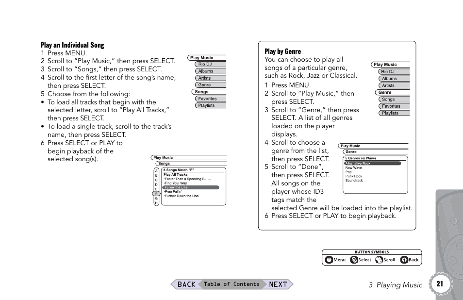 Genre, By genre, Songs | Song, playing, Jazz or classical), see, Listen to a particular song, see | Rio Audio Rio Riot User Manual | Page 21 / 40