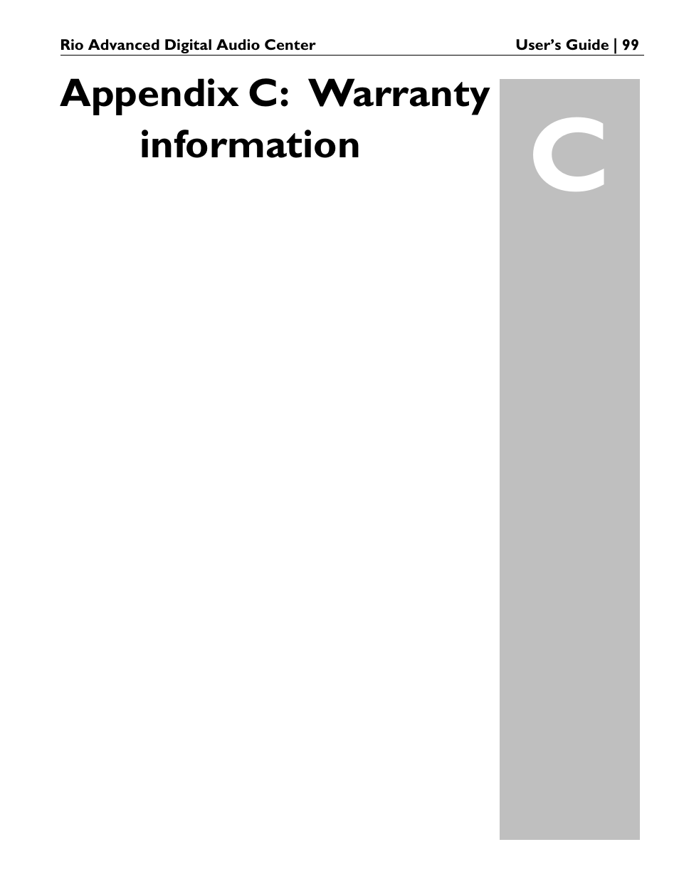 Appendix c: warranty information | Rio Audio Advanced Digital Audio Center User Manual | Page 101 / 116