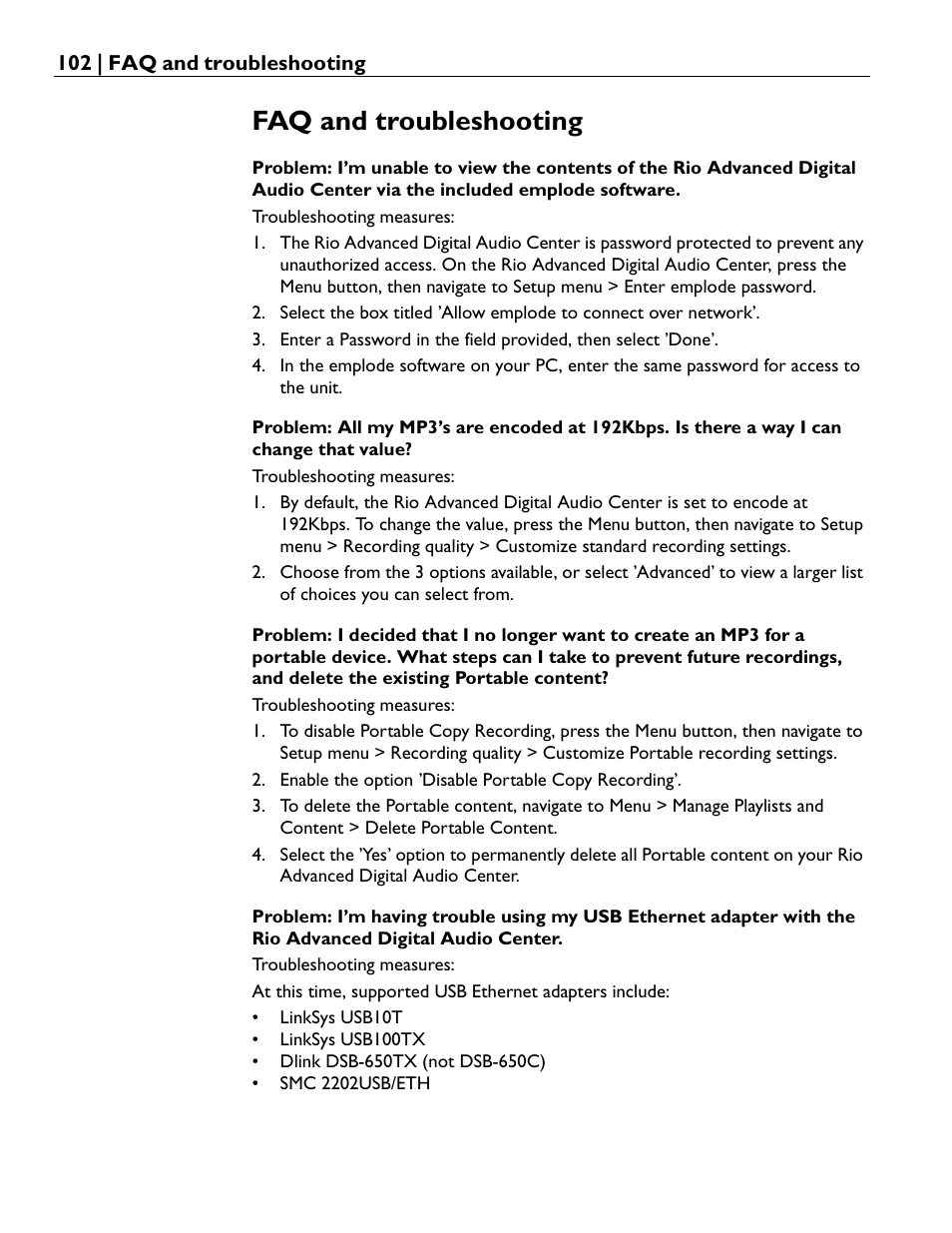 Faq and troubleshooting | Rio Audio Advanced Digital Audio Center User Manual | Page 104 / 116