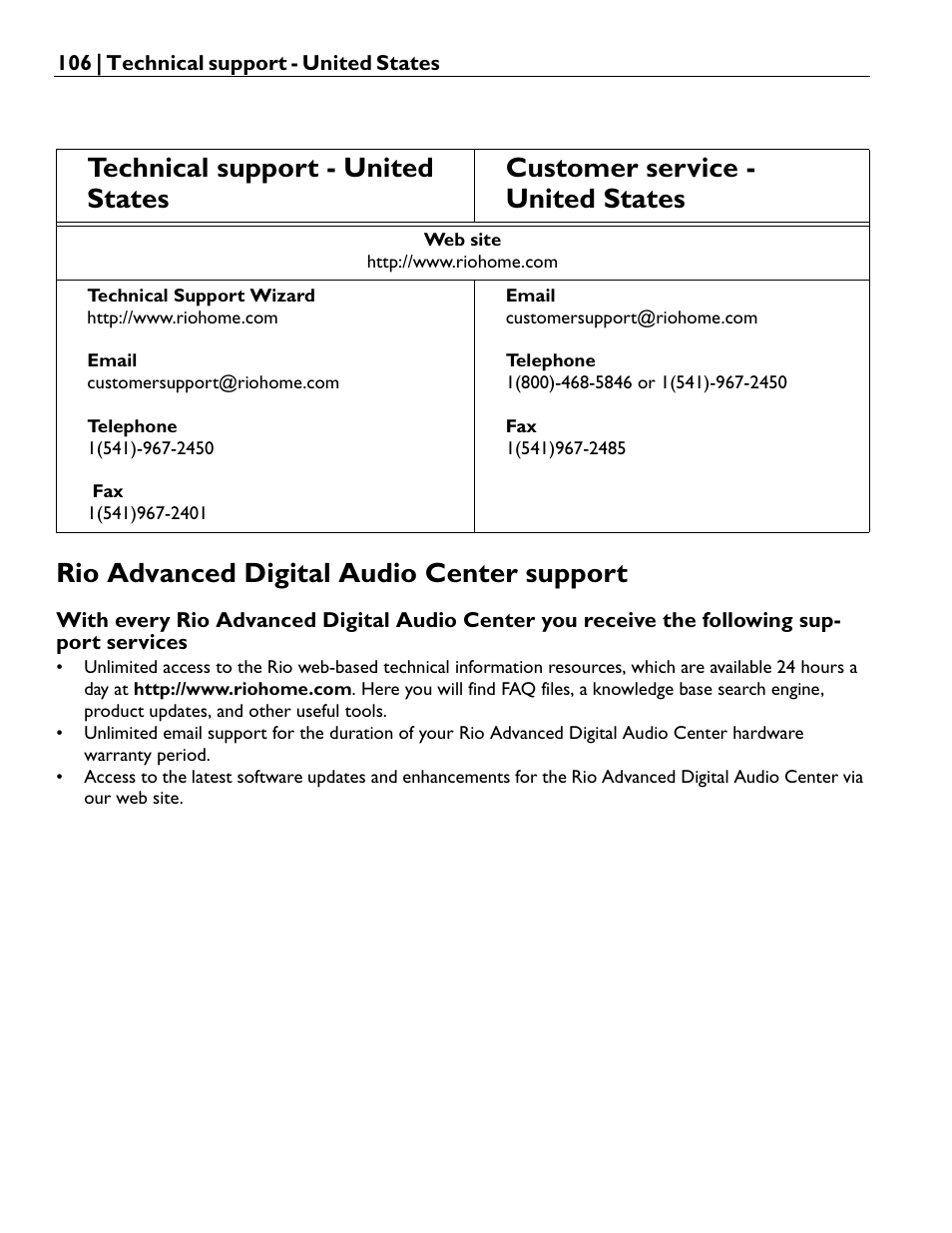 Technical support - united states, Customer service - united states, Rio advanced digital audio center support | Rio Audio Advanced Digital Audio Center User Manual | Page 108 / 116