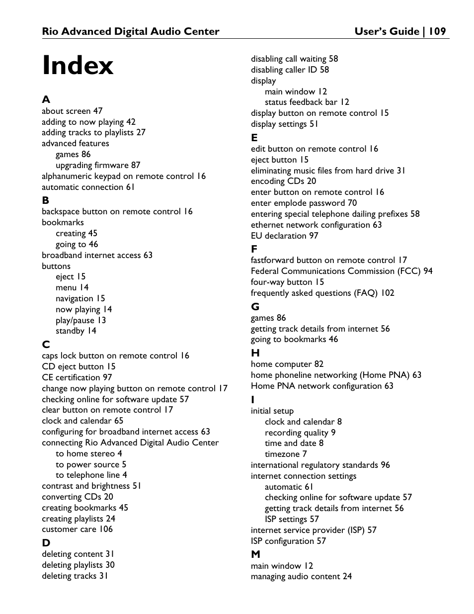 Index | Rio Audio Advanced Digital Audio Center User Manual | Page 111 / 116