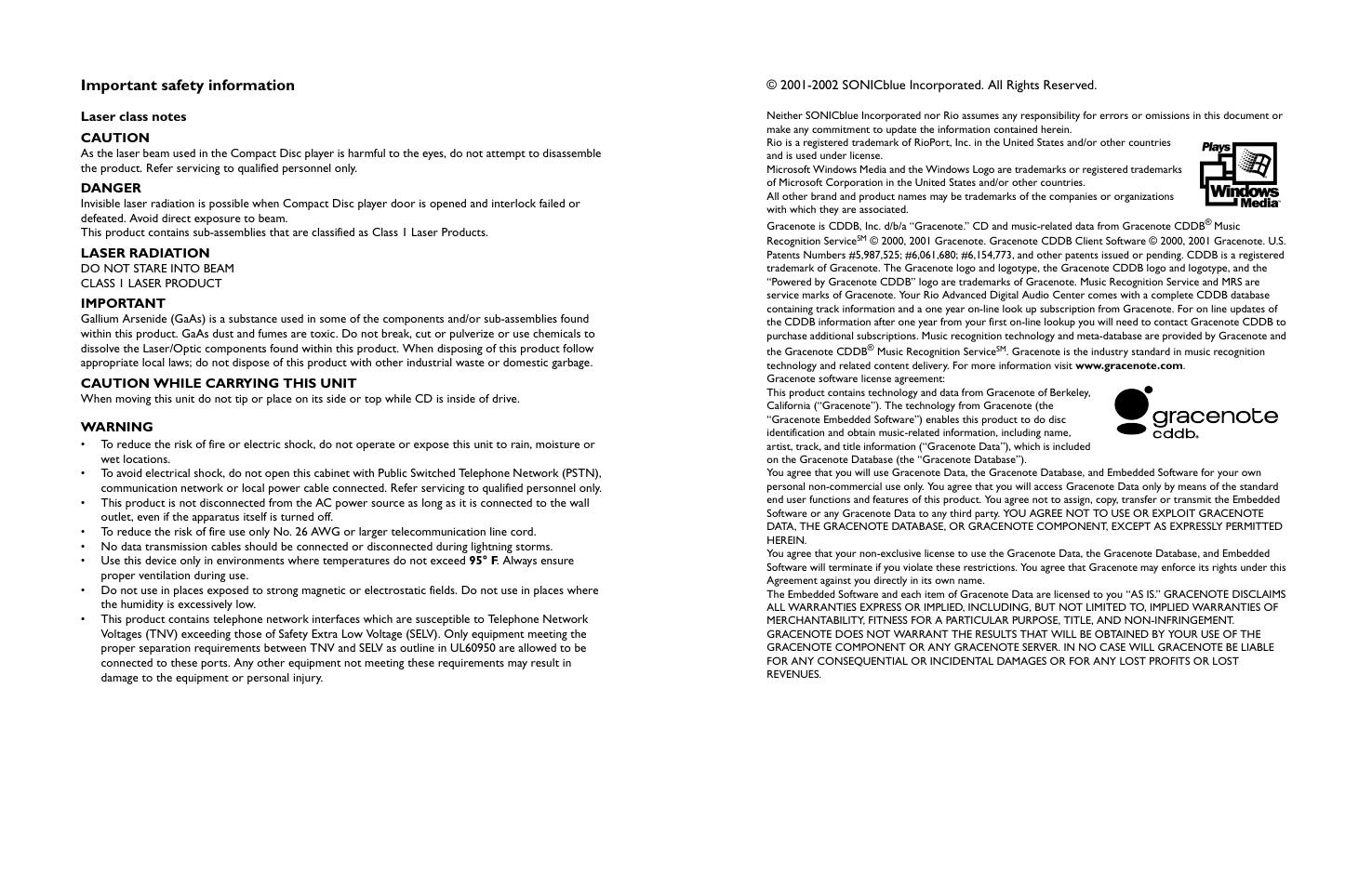 Important safety information | Rio Audio Advanced Digital Audio Center User Manual | Page 115 / 116