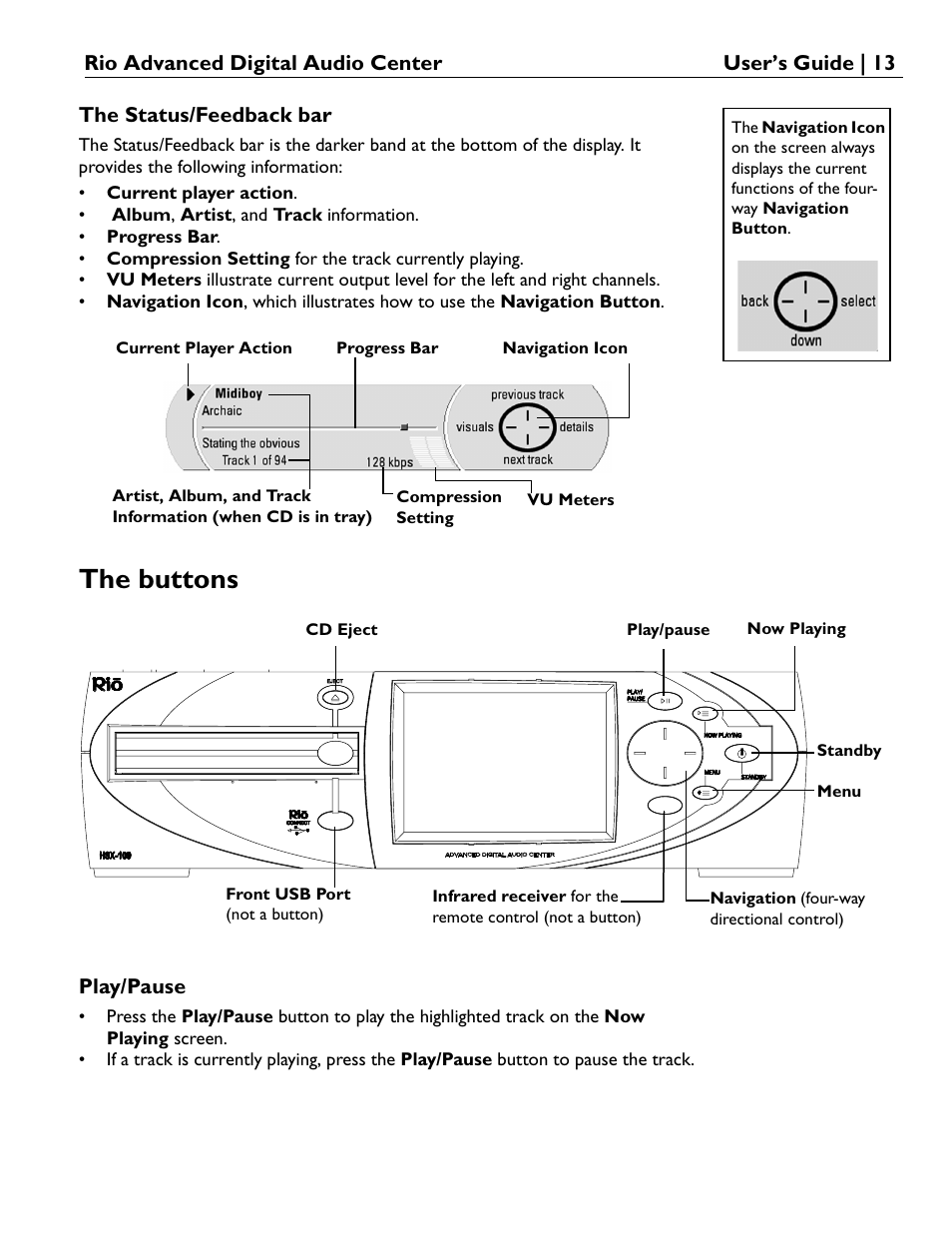 The status/feedback bar, The buttons | Rio Audio Advanced Digital Audio Center User Manual | Page 15 / 116