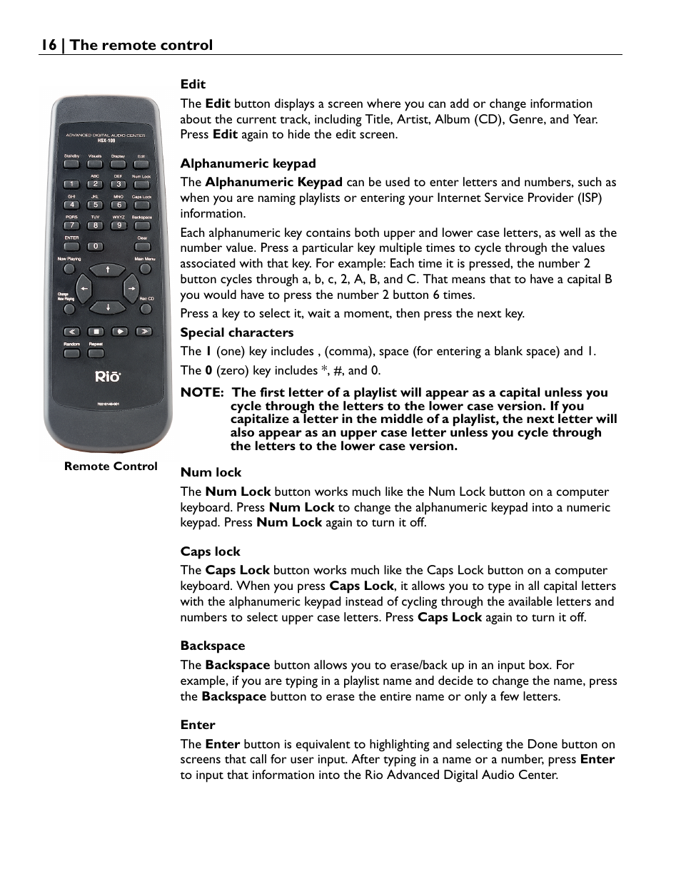 Edit, Alphanumeric keypad, Num lock | Caps lock, Backspace, Enter | Rio Audio Advanced Digital Audio Center User Manual | Page 18 / 116