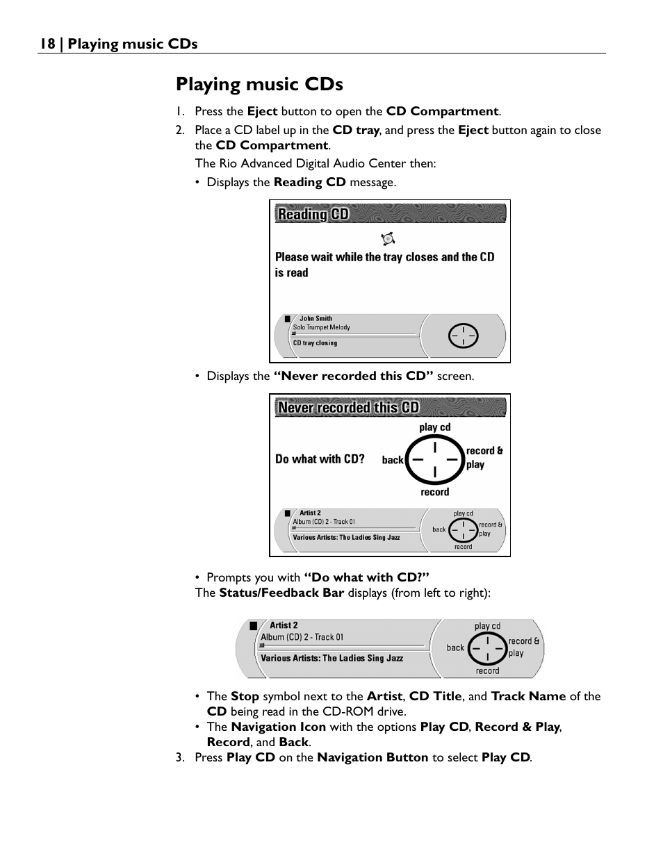 Playing music cds | Rio Audio Advanced Digital Audio Center User Manual | Page 20 / 116