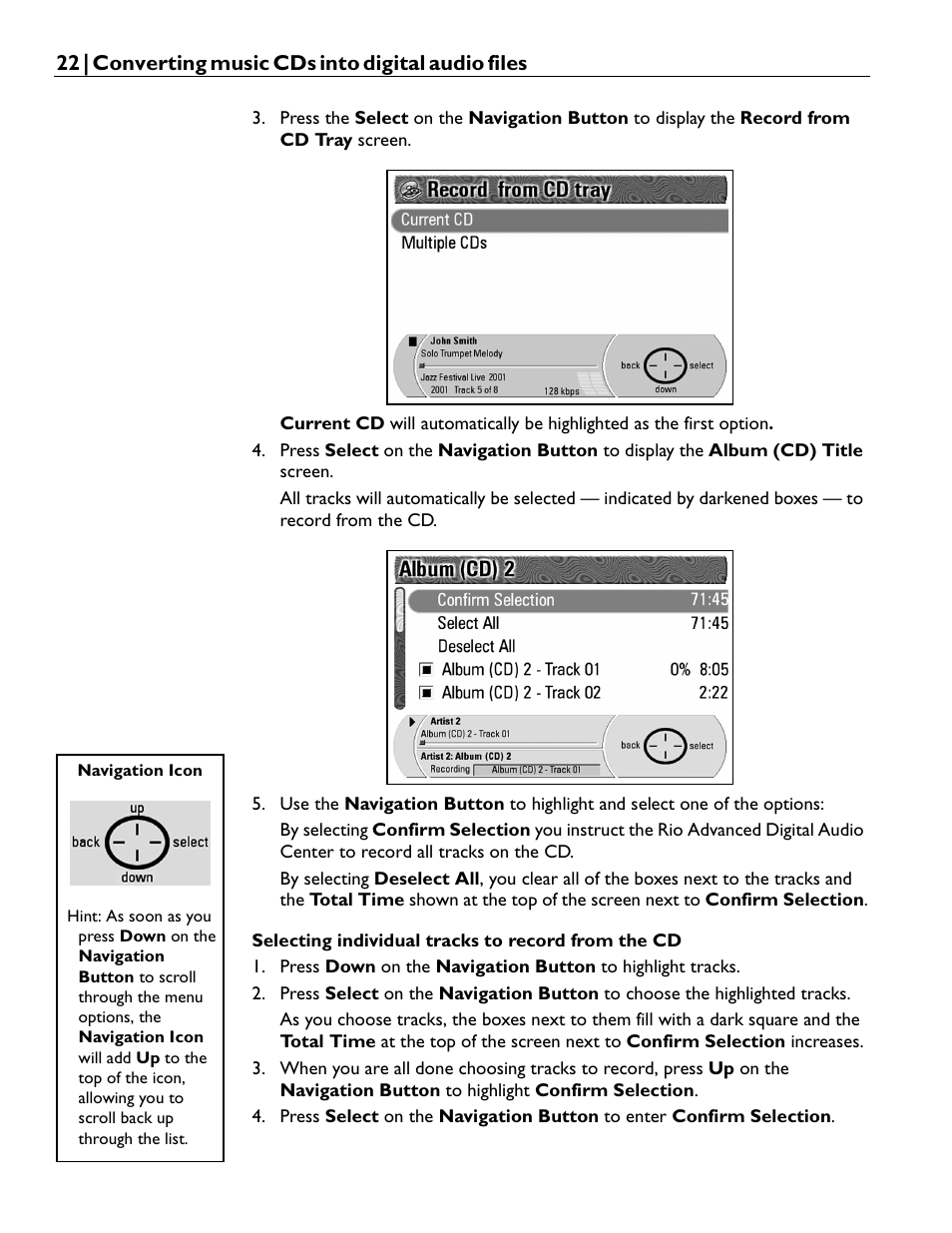 Selecting individual tracks to record from the cd | Rio Audio Advanced Digital Audio Center User Manual | Page 24 / 116
