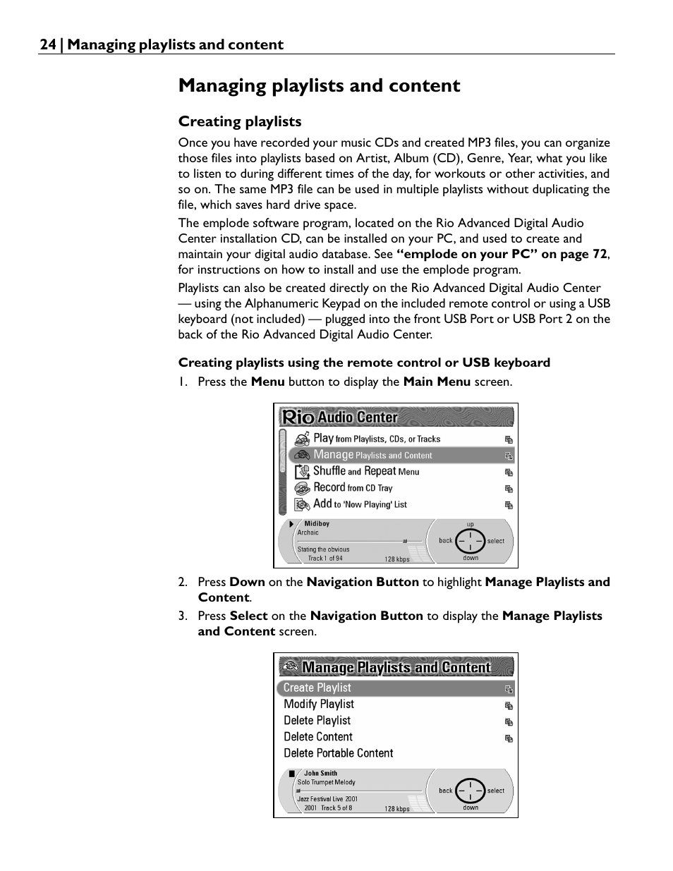 Managing playlists and content, Creating playlists | Rio Audio Advanced Digital Audio Center User Manual | Page 26 / 116