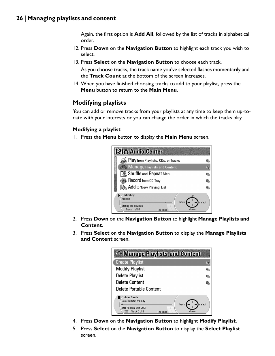 Modifying playlists, Modifying a playlist | Rio Audio Advanced Digital Audio Center User Manual | Page 28 / 116