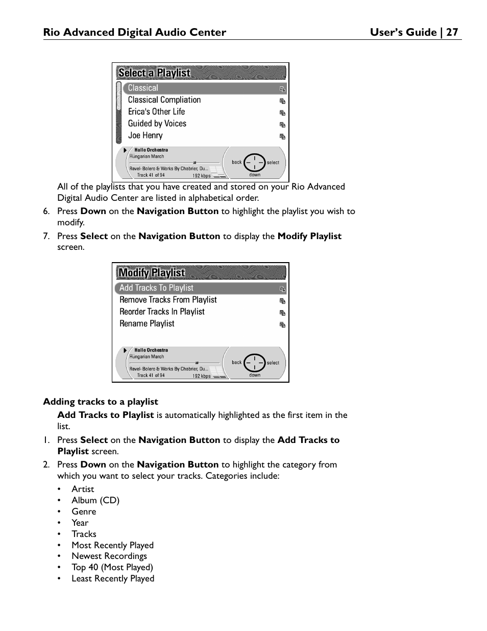 Adding tracks to a playlist | Rio Audio Advanced Digital Audio Center User Manual | Page 29 / 116