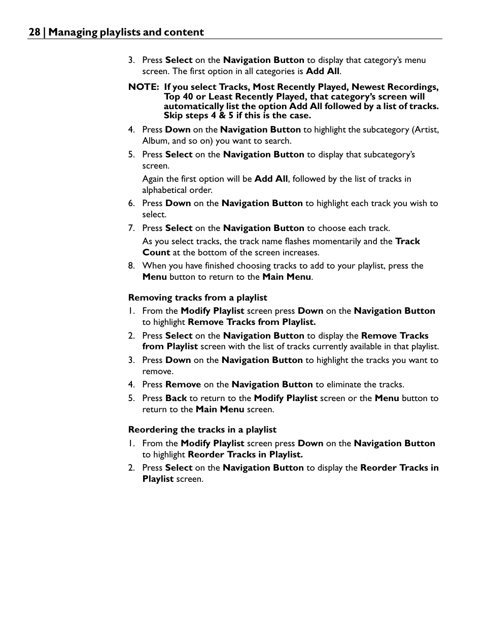 Removing tracks from a playlist, Reordering the tracks in a playlist | Rio Audio Advanced Digital Audio Center User Manual | Page 30 / 116