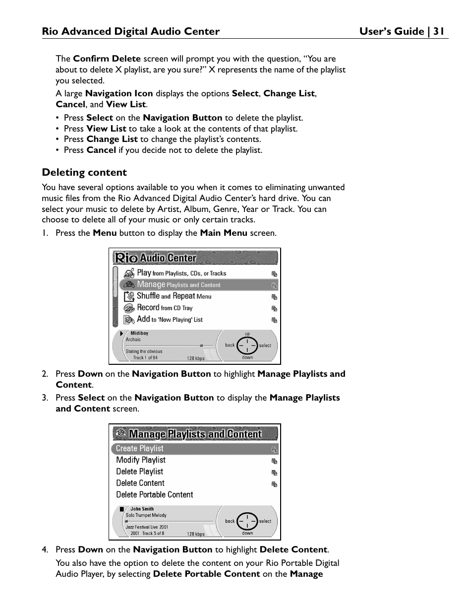 Deleting content | Rio Audio Advanced Digital Audio Center User Manual | Page 33 / 116