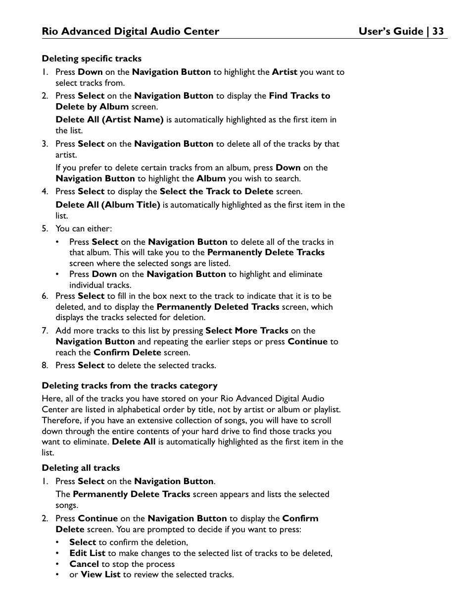 Deleting tracks from the tracks category | Rio Audio Advanced Digital Audio Center User Manual | Page 35 / 116