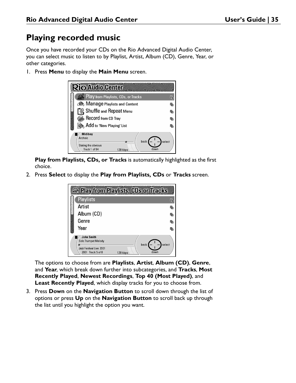 Playing recorded music | Rio Audio Advanced Digital Audio Center User Manual | Page 37 / 116