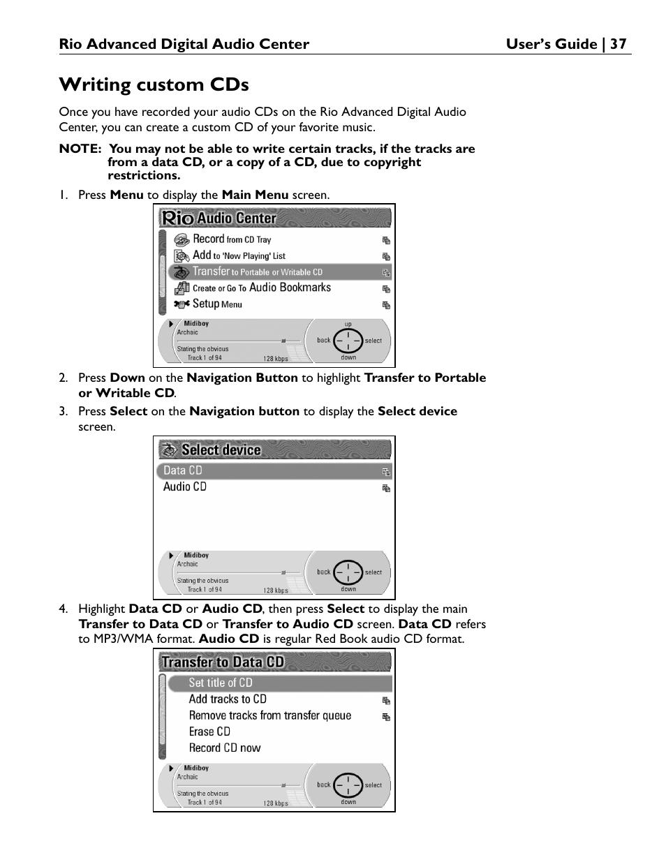 Writing custom cds | Rio Audio Advanced Digital Audio Center User Manual | Page 39 / 116