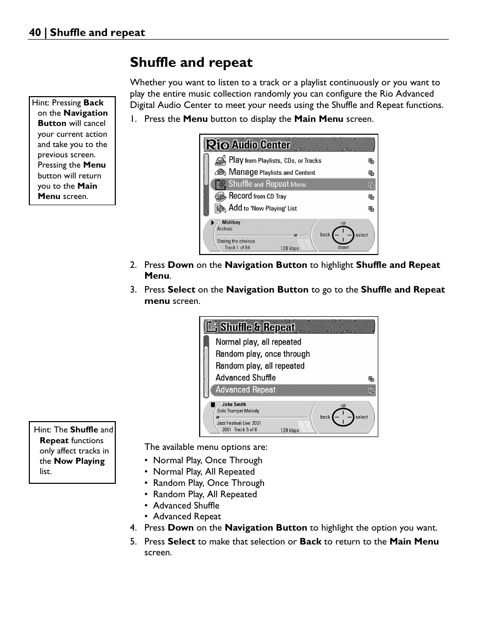 Shuffle and repeat | Rio Audio Advanced Digital Audio Center User Manual | Page 42 / 116