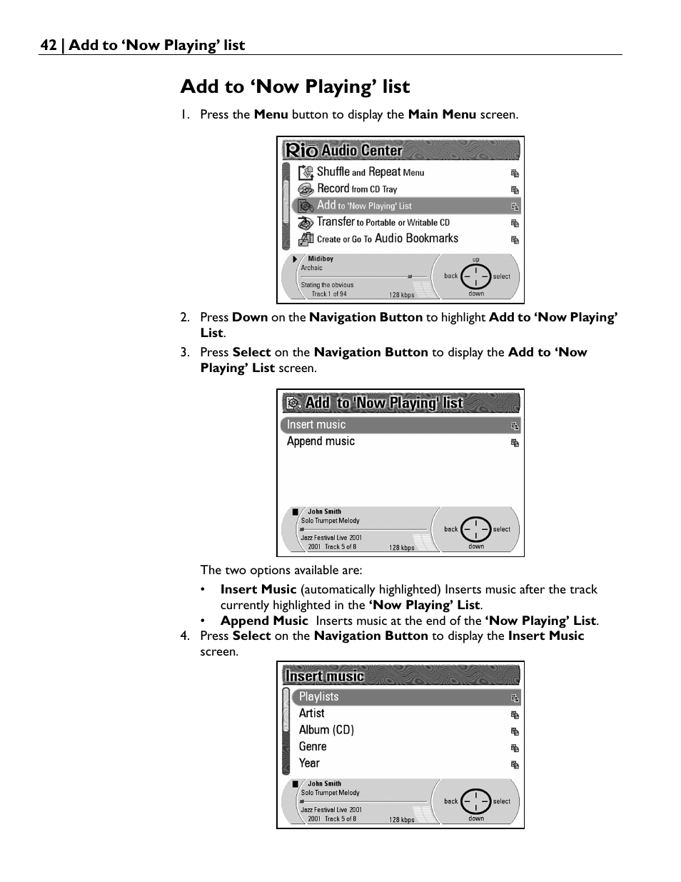 Add to ‘now playing’ list | Rio Audio Advanced Digital Audio Center User Manual | Page 44 / 116