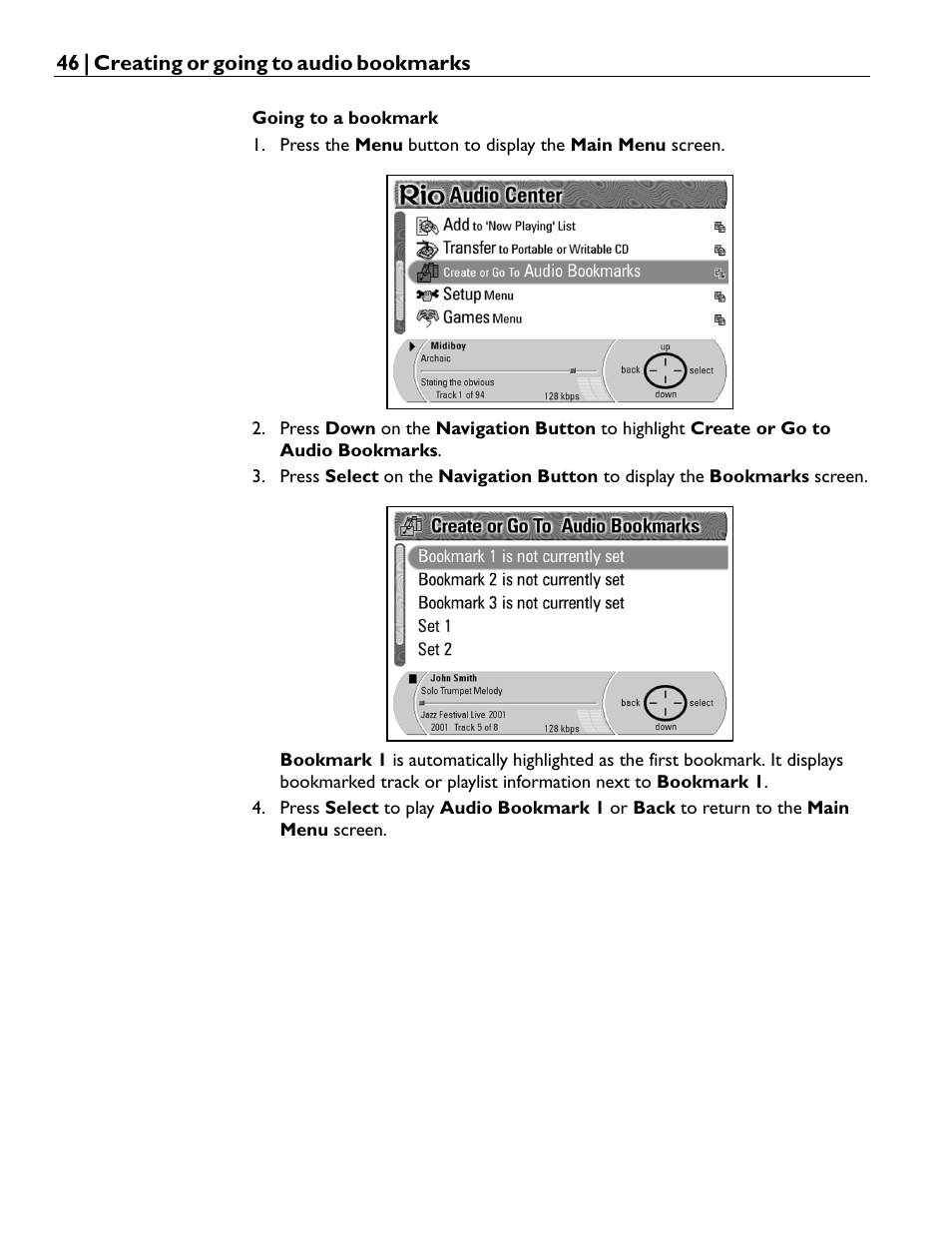 Going to a bookmark | Rio Audio Advanced Digital Audio Center User Manual | Page 48 / 116